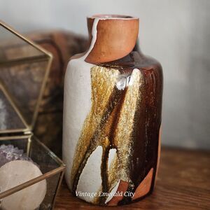 VTG White Glaze Gold Drip Hand Thrown Clay Pottery Vase Brown Terracotta Decor